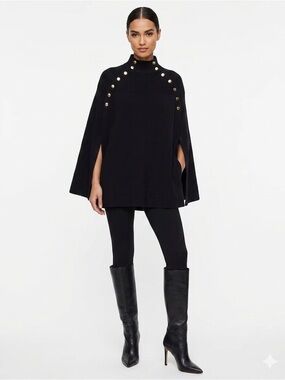 G.I.L.I. Sweater Cape Military Ribbed Knit Poncho Black Gold Buttons M/L Classy